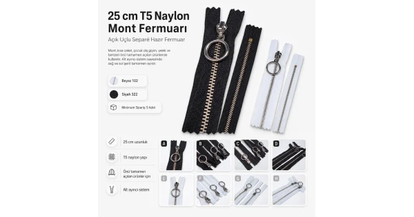 25 cm T5 Naylon Mont Fermuarı – Açık Uçlu Separé